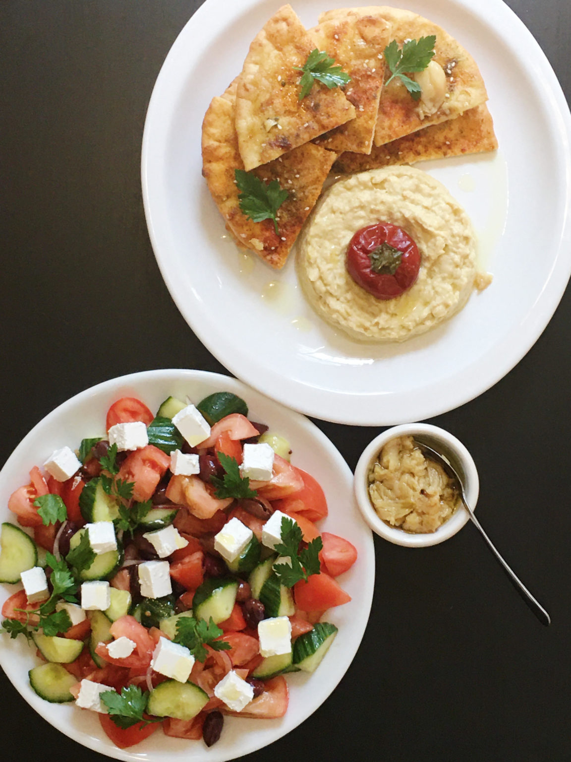 Vegetarian Friendly – Greek Salad, Hummus, and Spiced Pita Bread ...