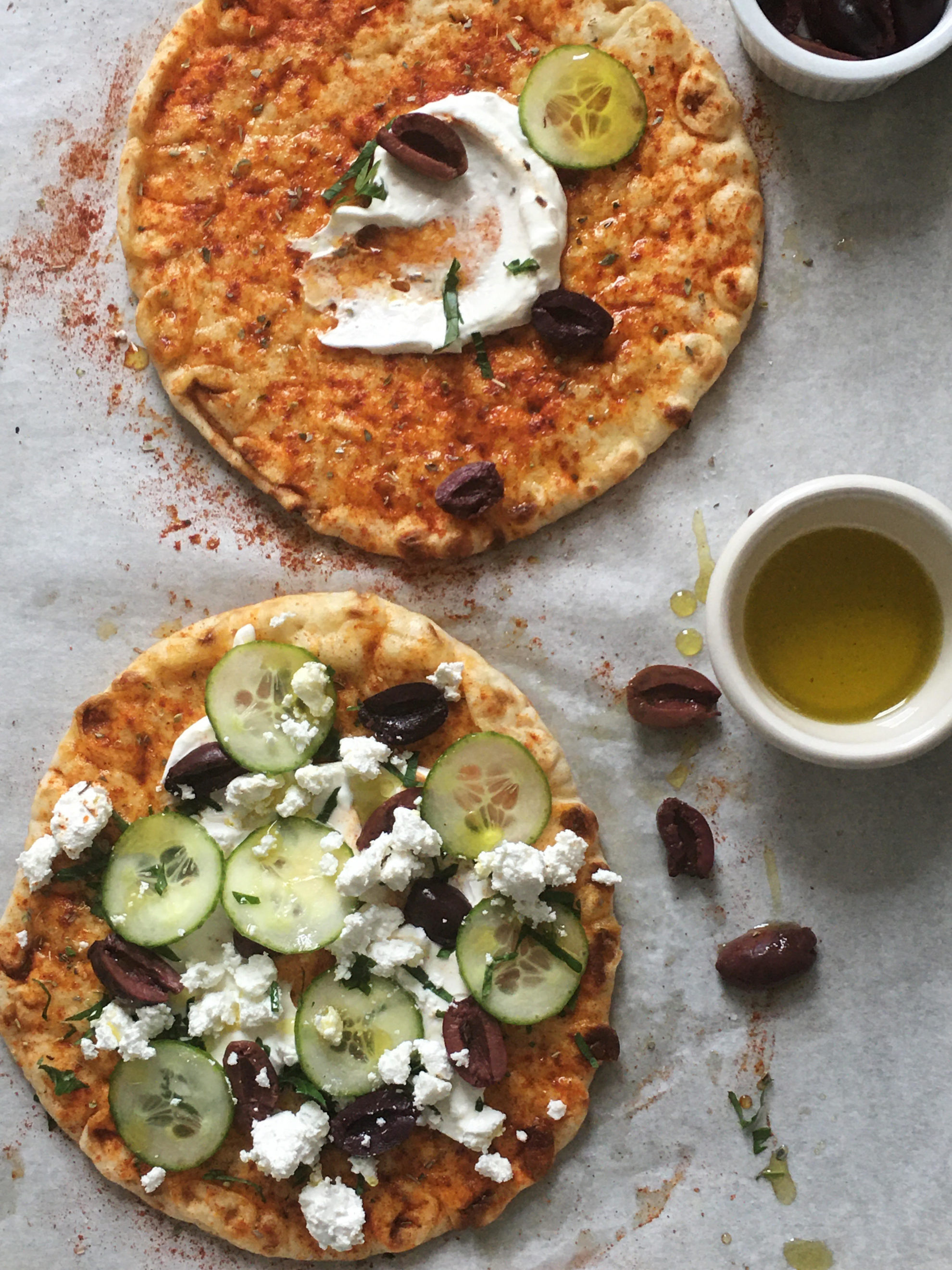 Lunch Open Face Flatbread With Yogurt, Olives, and Feta Cheese